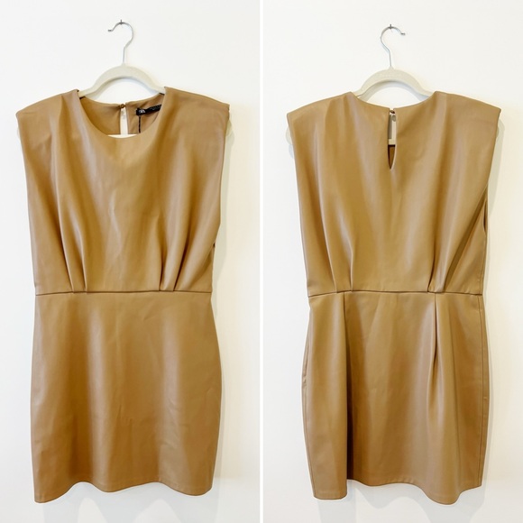ZARA Faux Leather Padded Shoulder Mini Dress Womens Brown Sleeveless Size Large - Picture 7 of 15